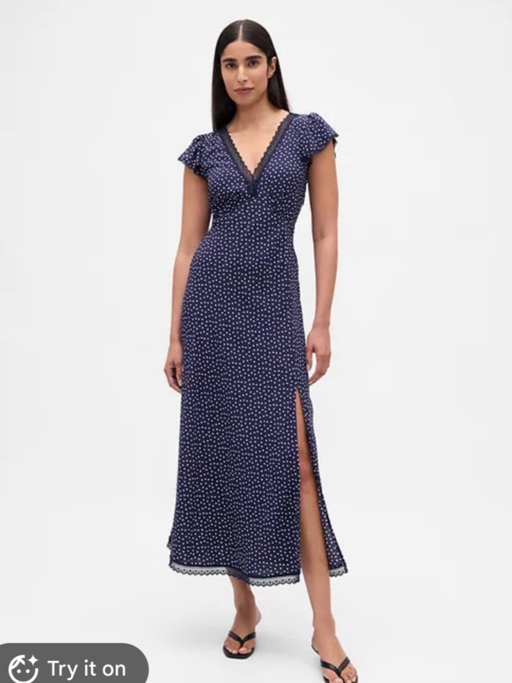 GAP Lace-Trim V-Neck Crepe Maxi Dress Blue & White Medium